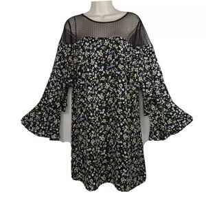 NICOLE MILLER STUDIO Women’s Black Floral Tiered Ruffle Sleeve Dress